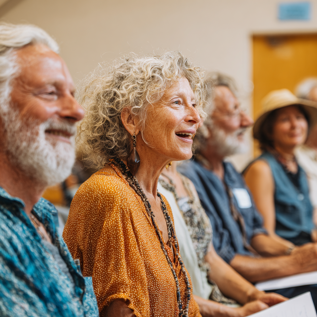 Diverse group of middle-aged and older adults sharing experiences about natural movement and wellbeing