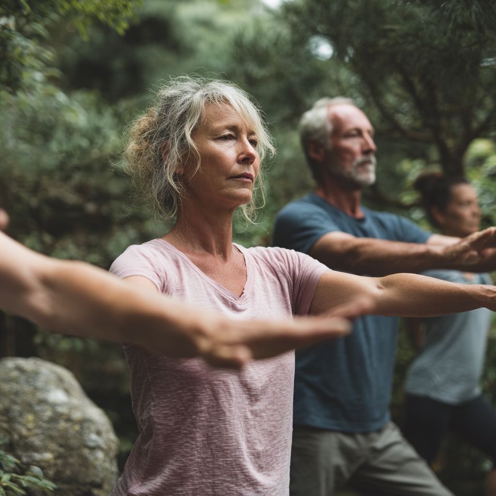Middle-aged adults practicing gentle movement exercises in natural setting